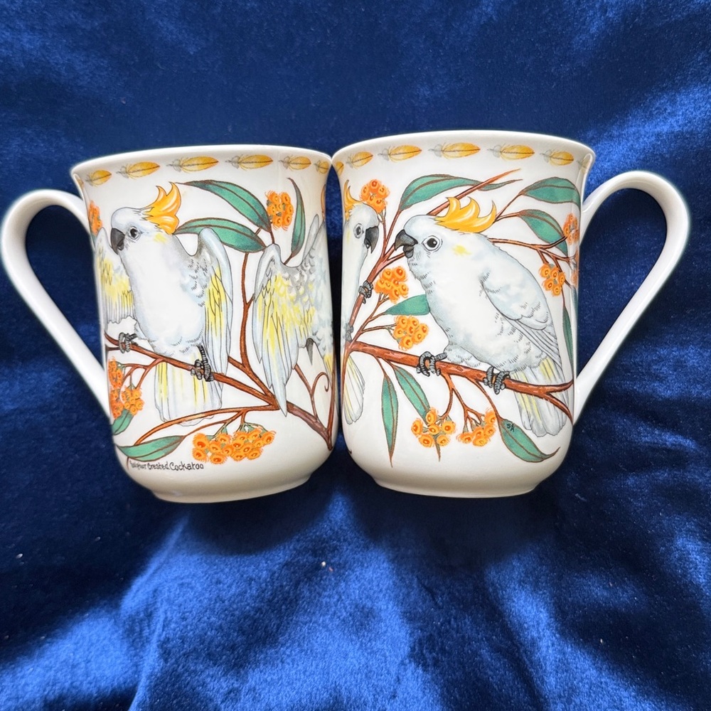 Pair of Feathered Jewels Sulphur Crested Cockatoo Mugs Australia Sara Attanasio